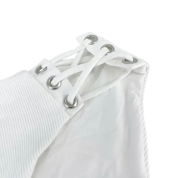 Becca Ribbed Daniella Corset Side Hipster Bikini Bottom Size Medium White NWT - Picture 7 of 7